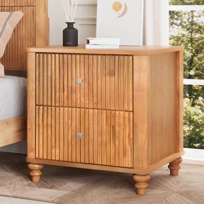 Fluted Nightstand with 3 Drawers, Mid Century Modern Wood Bedside Table