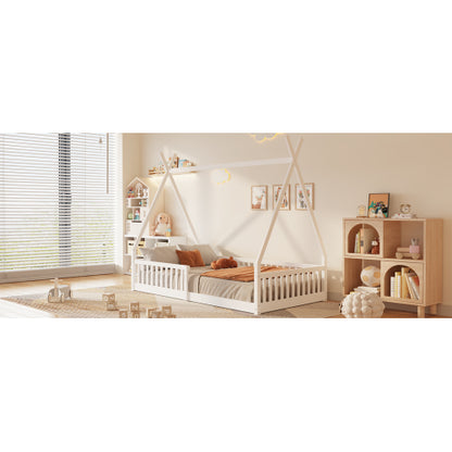 Twin Size Wood House Bed with Fence, White