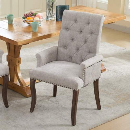 Upholstered Chenille Arm Dining Chair, Tufted Accent Chair with Curved Solid Wood Legs, Beige, Single Pack
