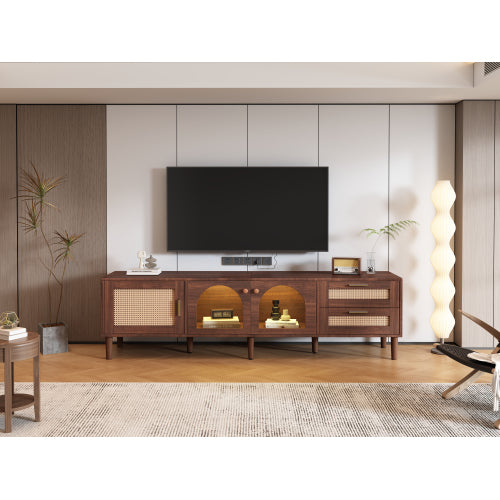 70.8 inch Dark Brown App Control LED Rattan TV Stand Glass Storage For 80 Inch TV