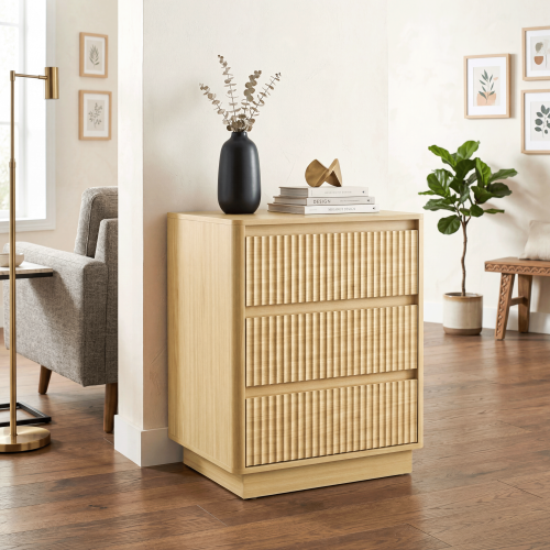 Natural Wood 3-Drawer Nightstand Set with USB-C Charger