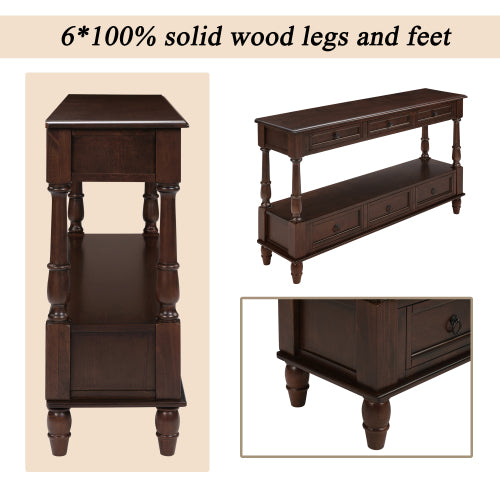 54 Inch Solid Wood Console Table with 6 Drawers & Shelf Espresso Brown