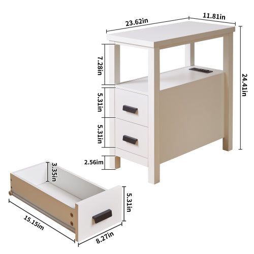 End Table with Charging Station,Side Tables with USB Ports & Outlets,Side Table with 2 Drawers, Small Wood Bedside Table, Small Rustic Side Table, Modern End Table with Drawer
