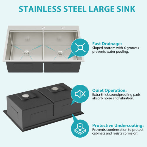 Topmount Drop in Kitchen Sink - 33"x 22" x 10" Double Bowl (50/50) Kitchen Sink 16 Gauge with Two 10" Deep Basin, Brushed Nickel