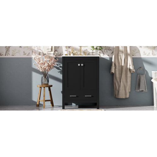 24-inch bathroom vanity with integrated undermount basin and a storage cabinet featuring 2 doors and 1 drawer. Includes double-layer door shelf, soft-close design, and versatile storage solutions