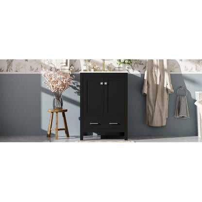 24-inch bathroom vanity with integrated undermount basin and a storage cabinet featuring 2 doors and 1 drawer. Includes double-layer door shelf, soft-close design, and versatile storage solutions