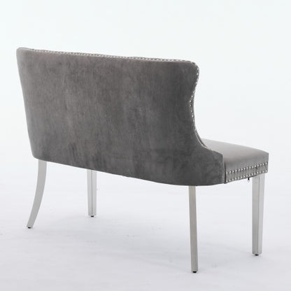 Velvet Double Dining Loveseat Bench, Kitchen & Dining Seating, 2-Seat Tufted Bench w/Handmade Buttons, Wing Back, Brushed Silver Stainless Steel Legs, Mid Century Modern,Single Pack,Gray