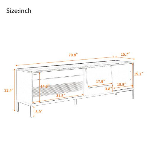 Modern 75 Inch TV Stand with Sliding Doors Walnut Media Console