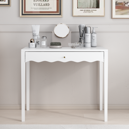 White 35.43inch  Vanity Desk with Drawer ¨C Modern Makeup Table with Scalloped Front & Gold Knob, Compact Writing Desk with 4 Sturdy Legs for Bedroom, Small Home Office & Apartment Spaces