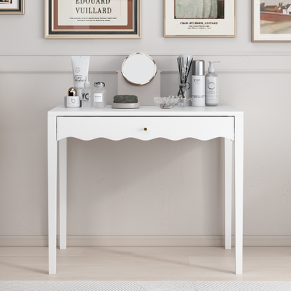 White 35.43inch  Vanity Desk with Drawer ¨C Modern Makeup Table with Scalloped Front & Gold Knob, Compact Writing Desk with 4 Sturdy Legs for Bedroom, Small Home Office & Apartment Spaces