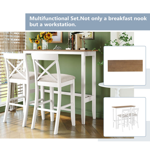 Farmhouse 48inch Rectangular Wood Bar Height Dining Set Kitchen Breakfast Nook with 2 Chairs for Small Places,Brown+White+Beige