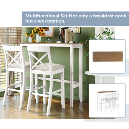 Farmhouse 48inch Rectangular Wood Bar Height Dining Set Kitchen Breakfast Nook with 2 Chairs for Small Places,Brown+White+Beige
