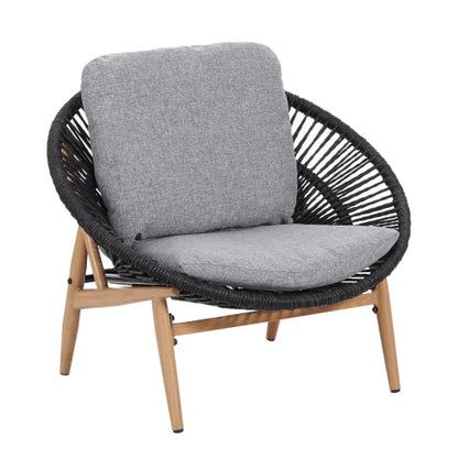 Cyril Outdoor Wicker Papasan Style Lounge Chair, Dark Grey Wicker with Grey Cushion, Set of 2