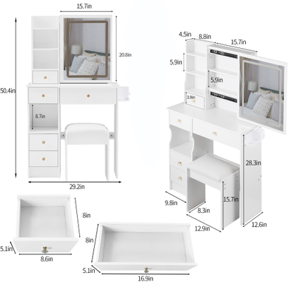 29.2inch  Small Size Left Drawer Desktop Vanity Table + Cushioned Stool, 2 AC+2 USB Power Station, Hair dryer bracket, Extra Large Touch Control Sliding LED Mirror, Tri-color Switching, Brightness Adjust