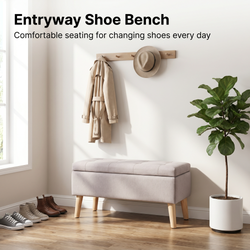 32 inch Wide Square Storage Ottoman Bench with Built-in Tray, Upholstered Footrest, Versatile End of Bed Bench for Bedroom & Entryway