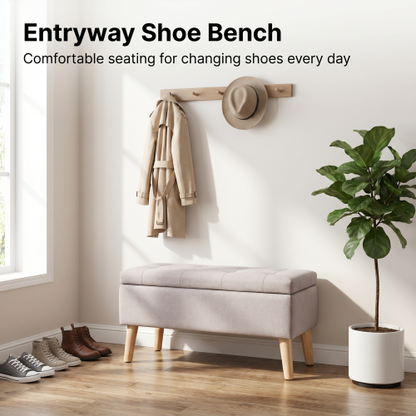 32 inch Wide Square Storage Ottoman Bench with Built-in Tray, Upholstered Footrest, Versatile End of Bed Bench for Bedroom & Entryway