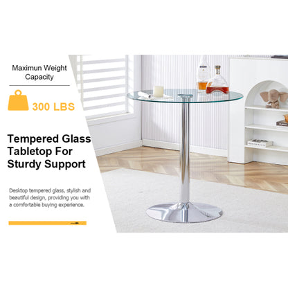 A glass tabletop with a diameter of 35 inches and a modern minimalist circular dining table with electroplated silver metal legs. Suitable for restaurants, living rooms, and conference rooms.