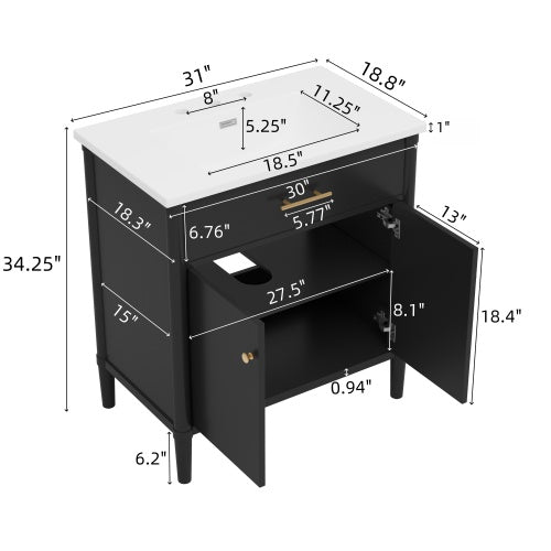 31" Bathroom Vanity with Sink, Bathroom Cabinet with Soft Close Doors and Adjustable Shelf, Curved Profile Design, Rubber Wood Legs, Black