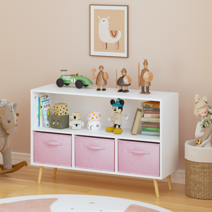 Kids Bookcase with Fabric Drawers and Toy Storage Organizer, White/Pink