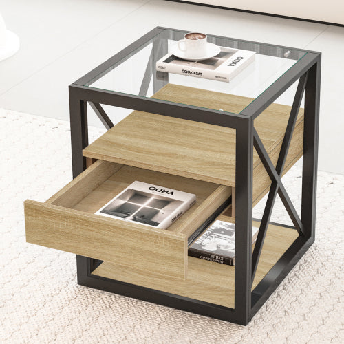 1 piece Modern End Table with Drawer - Nightstand for Bedroom & Living Room, Natural Wood MDF & Tempered Glass Top, Industrial Style Side Table