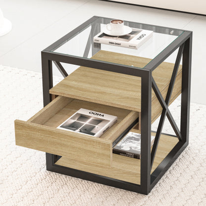 1 piece Modern End Table with Drawer - Nightstand for Bedroom & Living Room, Natural Wood MDF & Tempered Glass Top, Industrial Style Side Table