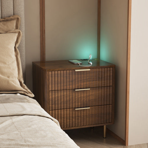 Wood Smart Nightstand, Voice Control Night Light & Charging Station with Storage Shelves