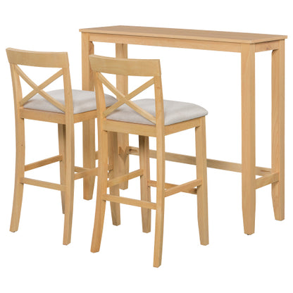 Farmhouse 48inch Rectangular Wood Bar Height Dining Set Kitchen Breakfast Nook with 2 Chairs for Small Places,Natural+Beige