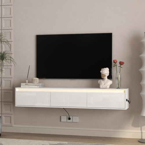 White Wall Mount High Gloss Floating TV Cabinet with Touch LED Light & Power Outlet