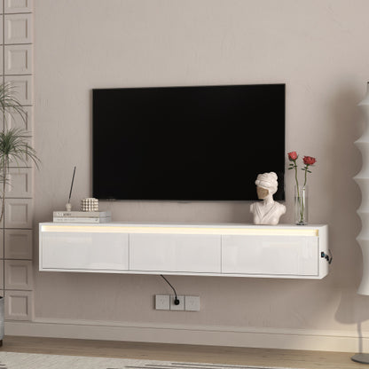 White Wall Mount High Gloss Floating TV Cabinet with Touch LED Light & Power Outlet
