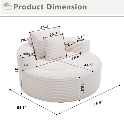 White Round Memory-Foam Sofa Bed with 3 Pillows & Cup Holder