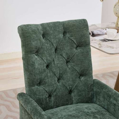 Tufted Chenille Dining Armchair with Nailhead Trim and Steel Legs, Olive Green