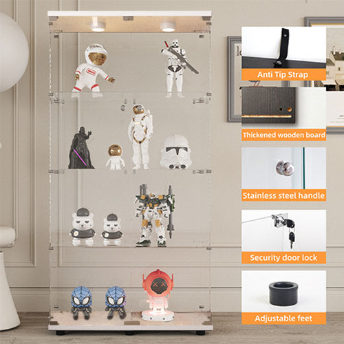 White Tempered Glass Display Cabinet With Remote Control Light & Lockable Casters