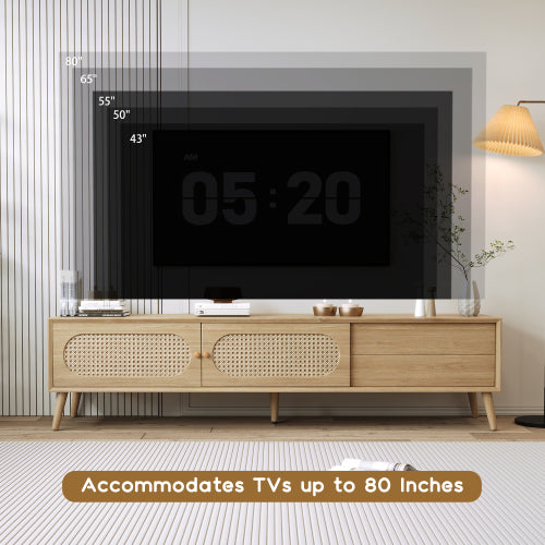 70.8 Inch Natural Wood Boho Rattan Sliding Door TV Stand Solid Wood Legs Holds 80 Inch TV