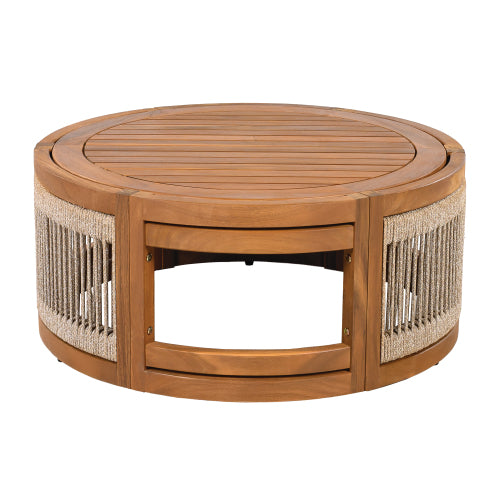 27.95" Acacia Wood Outdoor Coffee Table - Handwoven Rope Accent Boho Patio Table with All-Weather Durability