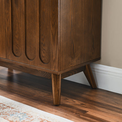 Fluted Sideboard Cabinet with Adjustable Shelves and Wood Legs Walnut Storage