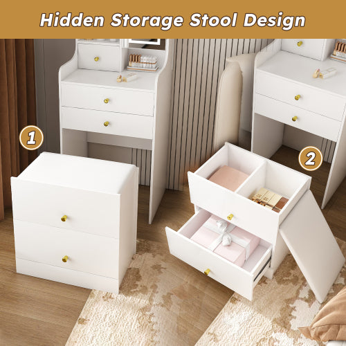 White 3-in-1 Dressing Table with LED Mirror & Storage Stool, 4 Drawers, Storage Cabinet, Open Bookshelf