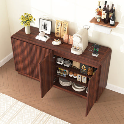 Walnut Handleless Fluted 4-Door TV Stand Built-In Power Outlet Adjustable 3-Tier Storage Cabinet Up To 85 Inch TV