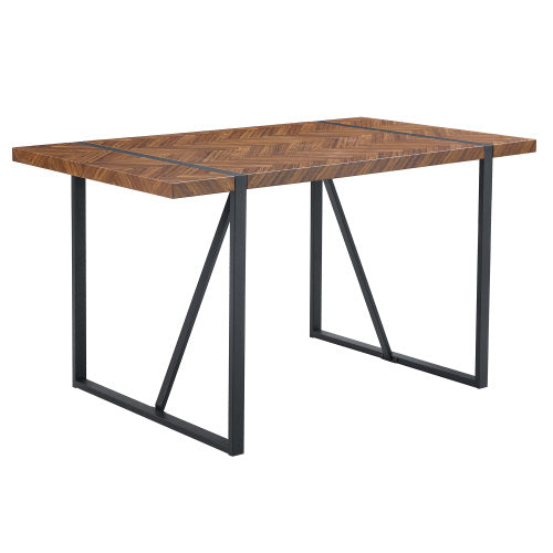 Retro Dining Table with Fishbone Textured Top & Black Metal Legs