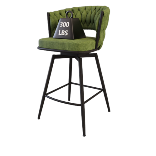 26inch Bar Chair Linen Woven Bar Stool Set of 2,Black legs Barstools No Adjustable Kitchen Island Chairs,360 Swivel Bar Stools Upholstered Bar Chair Counter Stool Arm Chairs with Back Footrest (Green)