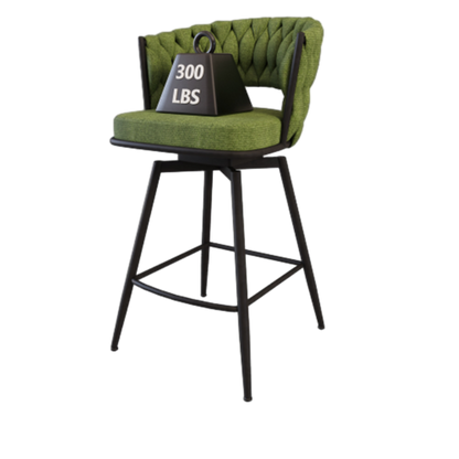 26inch Bar Chair Linen Woven Bar Stool Set of 2,Black legs Barstools No Adjustable Kitchen Island Chairs,360 Swivel Bar Stools Upholstered Bar Chair Counter Stool Arm Chairs with Back Footrest (Green)
