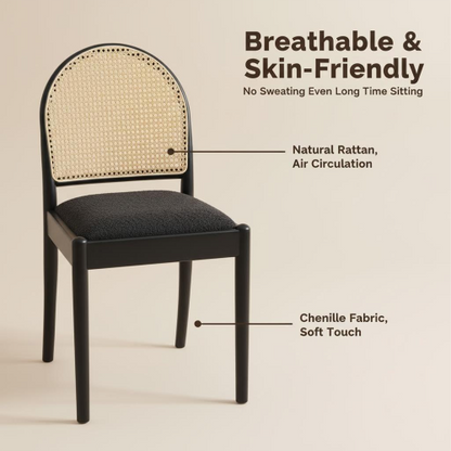 Set of 2 Rattan Dining Chairs with Teddy Upholstered Seat, Wood Legs, Black Kitchen Chairs
