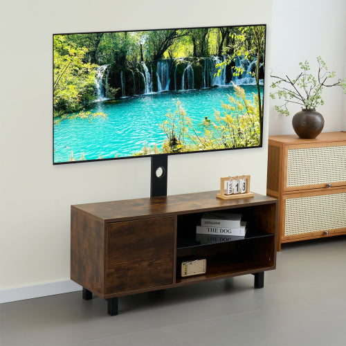 Rustic Brown Wood Glass TV Console, Push-to-Open Storage Cabinet for Up to 65 Inch TV