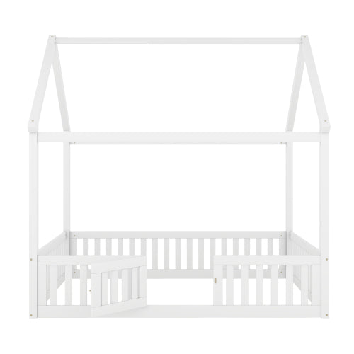 Full Size Wood House Bed with Fence and Door, White