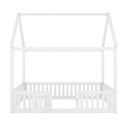 Full Size Wood House Bed with Fence and Door, White