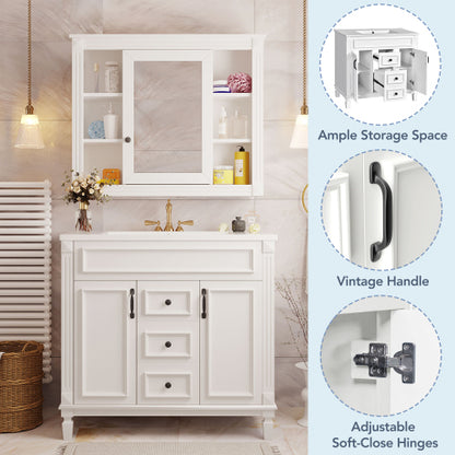36'' Bathroom Vanity with Top Sink, Mirror Cabinet, Modern Bathroom Storage Cabinet with 2 Soft Closing Doors and 2 Drawers, Single Sink Bathroom Vanity