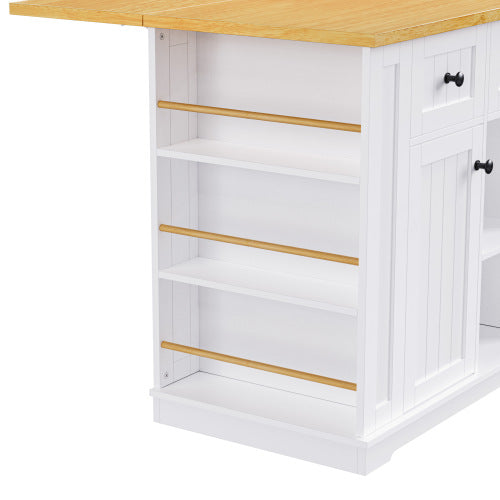53inch Large Kitchen Island with 2 Bar Stools, Power Outlet,Door Internal Storage Rack, Kitchen Storage Cart on 5 Wheels with Drop Leaf, 5 Open Side Racks, 3 Drawers,White(Three Packages)