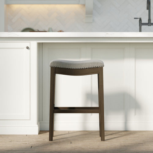 31in. Saddle Distressed Espresso Wood Bar-Height Barstool with Smoke Gray Fabric, 1PC