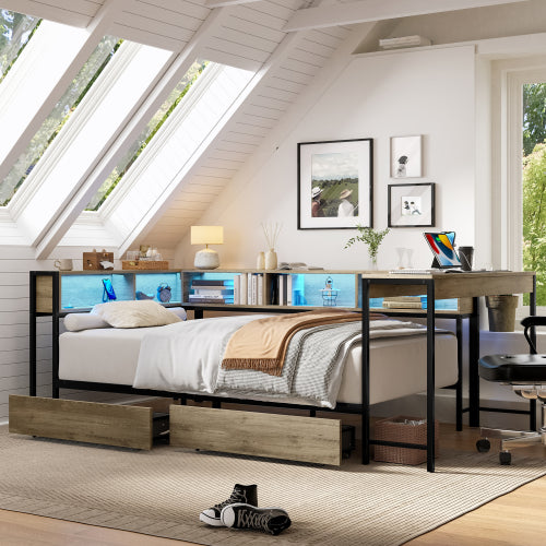 Corner Bed Frame Twin Size with Bookcase and 2 Underbed Storage Drawers, Modern Twin Bed with LED Light and Charging Station, Grey
