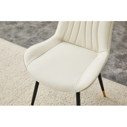 Set of 2 White Leathaire Tech Fabric Dining Chairs, Black Semi-Gloss Metal Leg Gold Trim Adjustable Non-Slip Feet Vertical Stitch High Back