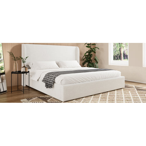 Queen Size Boucle Bed Frame, Upholstered Cloud Bed Frame with Headboard, Solid Wood Legs and Slats, No Box Spring Needed, White